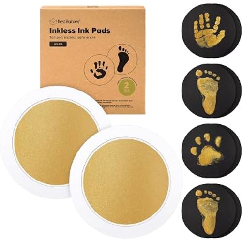 2pk Inkless Baby Hand and Footprint Kit Mess Free Ink Pad (Gold, Round) | Round Size, Newborn Keepsake, Dog Nose, Paw Print Kit, Clean Touch Ink Pads, Baby Handprints Footprints Kit, New Mom Gifts