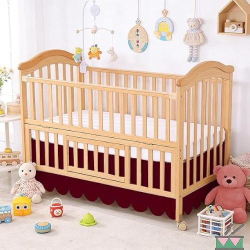 Sclloped Bed Skirt, Crib Size (28" x 52") Inch + 16" Drop 100% Microfiber Bed Skirt for Baby Boys or Girls - Burgundy Solid
