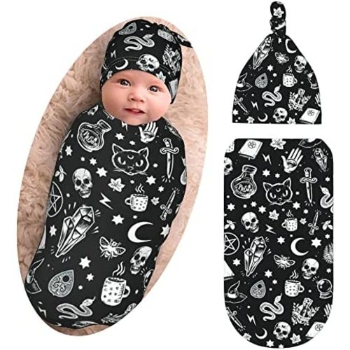 Goth Baby Stuff Gothic Halloween Swaddle Blankets with Hat Sets Soft Baby Receiving Blanket New Born Soft Sleep Sacks for Infant Boys Girls 0-6M-3