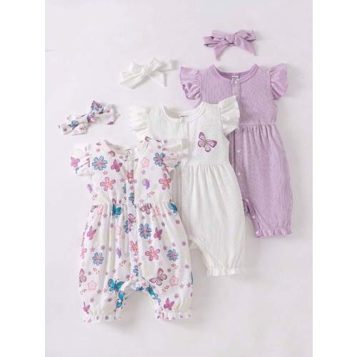 SHEIN Playful Pals 3pcs/Set Baby Girls' Casual Butterfly Print Romper With Headband | SHEIN