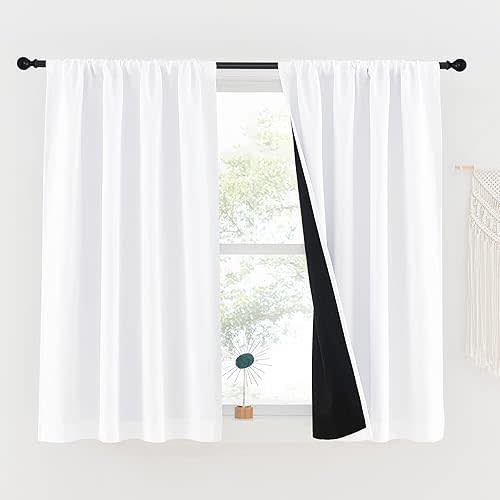 NICETOWN White 100% Blackout Small Window Curtains, 2 Thick Layers Completely Blackout Rod Pocket Thermal Insulated Drapes for Kitchen/Bedroom (1 Pair, 42 inches Width x 48 inches Length Each Panel)