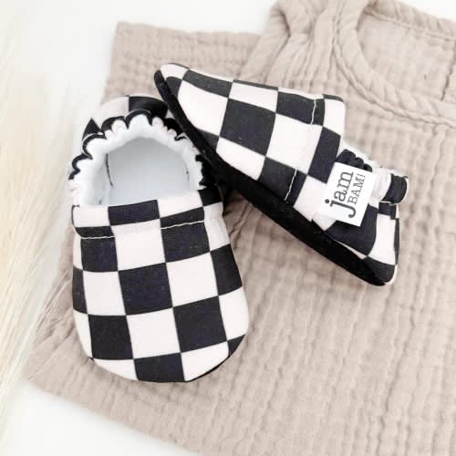 Black Checkered Baby Booties: Handmade Soft Sole Moccasins