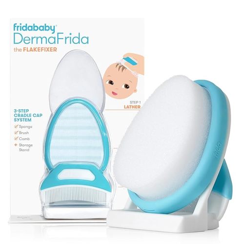 Frida Baby The 3-Step Cradle Cap System, DermaFrida The FlakeFixer, Sponge, Brush, Comb and Storage Stand for Babies with Cradle Cap, White-Blue - 3-Step Flake Fixer System