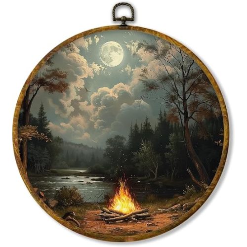 Hiuwevt Forest Campfire Round Wall Art Decor, Vintage Moody Pine Tree Campsite Framed Canvas Prints, Retro Rustic Forest Camping Round Wall Hanging Decor for Bedroom Home Decorations, 10x10 Inches