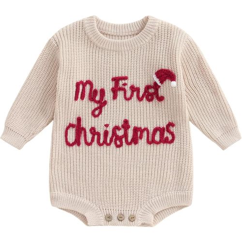 Adobabirl My First Christmas Baby Outfit Girl Boy Christmas Sweater Bubble Romper Long Sleeve Jumpsuit Fall Winter Outfit (Christmas Hat Beige, 0-3 Months)