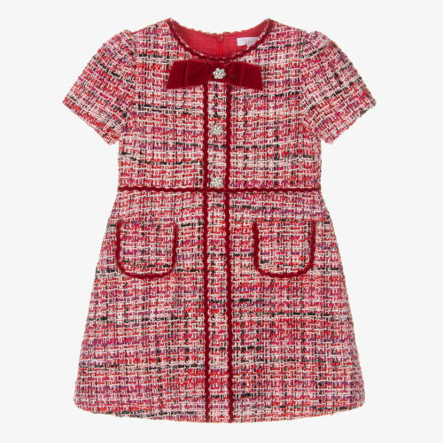 Patachou - Girls Red Tweed Dress with Velvet (Size 3)  | Childrensalon