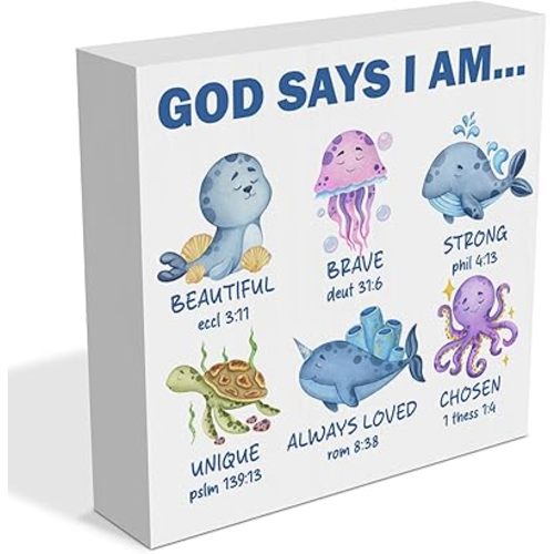 Ocean Nursery Christian Decor Wooden Box Sign Under the Sea Nautical Nursery Bible Verse God Says I Am Wood Block Plaque Sign for Boys Girls Sea Room Bedroom Bathroom Table Shelf Decorations