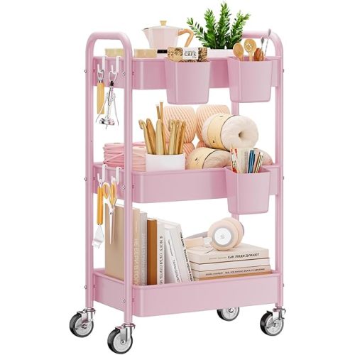 YASONIC 3-Tier Metal Rolling Cart, Heavy Duty Utility Cart with Lockable Wheels, Hanging Cups, Hooks, Mesh Rolling Storage Cart Craft Organizer, Lightweight and Sturdy, Pink