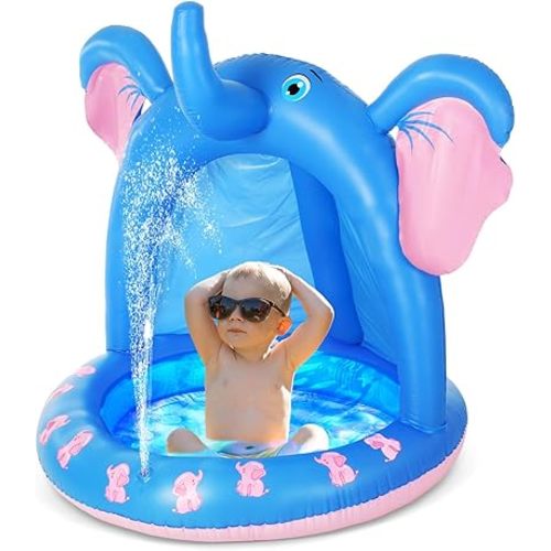 47 Inches Baby Pool with Canopy Elephant Inflatable Baby Swimming Pool with Soft Floor Bottom and Built in Sunshade Water Sprinkler for Kids Outdoor Indoor Game Play Center