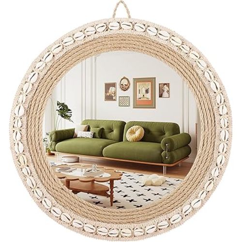 Round Mirrors for Wall, Hand-Woven Shell Lace Decorative Mirror, Boho Mirrors for Over Sink, Wall Decor for Bathroom, Entryway, Bedroom, Vanity (Natural)