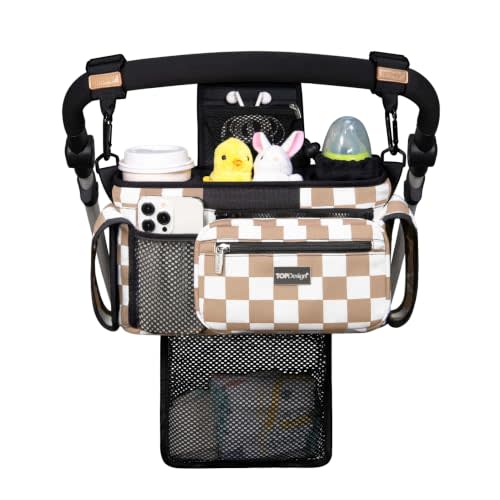 TOPDesign Universal Baby Stroller Organizer, Stroller Caddy with Detachable Mesh Bag & Heightened Insulated Cup Holders & Non-Slip Secure Hooks Accessories, Fits Most Strollers (Khaki Checkered)