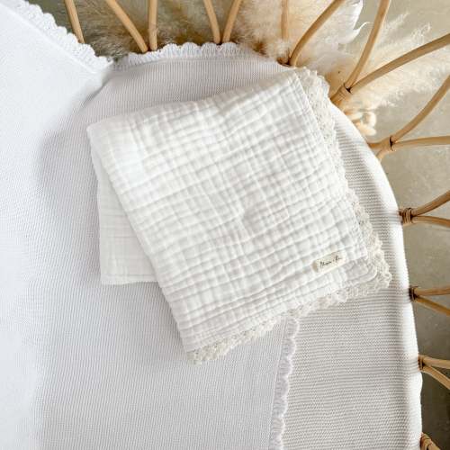 Heritage Muslin Blanket - Milk with Lace Trim - PRE ORDER - Est. Dispatch Late February