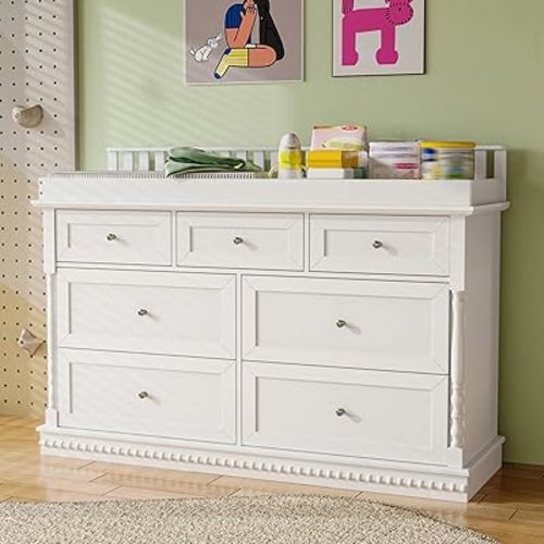 WOODTIME Nursery Dresser with Diaper Changing Tray, Baby Kids Dresser Changing Table with 7 Drawers & Carved Pattern for Nursery Bedroom Living Room, White, 19.3" D x 56.5" W x 40" H