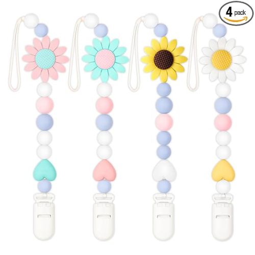 LSTRAGY Silicone Pacifier Clip, 4 Pack Pacifier Holder for Boys and Girls, Adorable Sunflower Pacifier Clips Fits for Most Pacifier, Baby Teethers, Baby Shower and Baby Gift