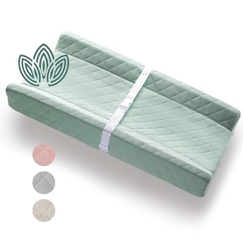 Organic Cotton Contoured Baby Changing Pad w/Waterproof Foam Mattress, Includes Soft, Removable & Washable Cover, Safety Strap, Non-Slip Bottom, Topper for Standard Size Infant Diaper Table & Dresser