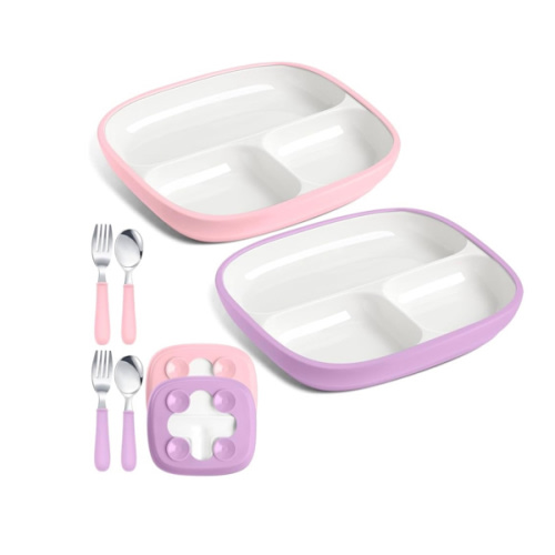 2 Pcs 8.2" Large Kids Porcelain Plates with Silicone Sleeves Toddlers Divided Plates Extra Deep White Porcelain Dishes 2 Pack Spoons and Forks Set Microwave Dishwasher Friendly(Pink,Purple)