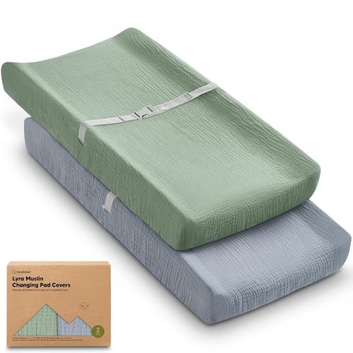 2-Pack Muslin Diaper Changing Pad Covers Boy, Girl – Soft Breathable Muslin Cotton Changing Table Cover, Organic Baby Changing Pad Sheets, Contoured Change Pads Liners Washable 34 x 18 (Slate)