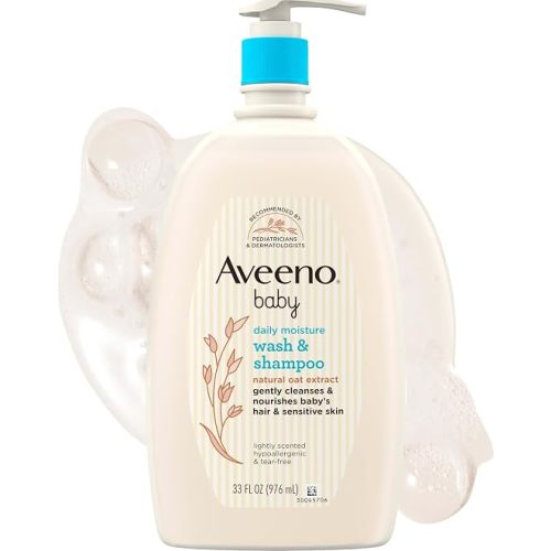 Aveeno Baby Daily Moisture Body Wash & Shampoo with Oat Extract, 33 fl. oz | 2-in-1 Gentle Bath Wash & Hair Shampoo with Oat Extract, Tear-Free, Hypoallergenic, No Added Parabens, Lightly Scented