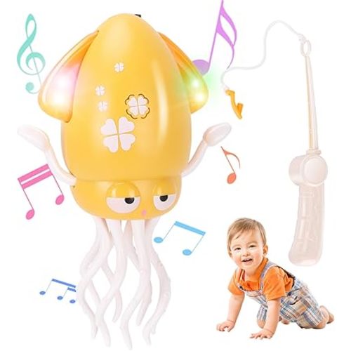 Dancing Octopus Baby Toy, Tummy Time Toys, with Music and Led Light, Automatically Avoids Obstacles, Crawling Toy Suitable for Birthday Gifts for Toddlers Over One Month Old(Yellow)