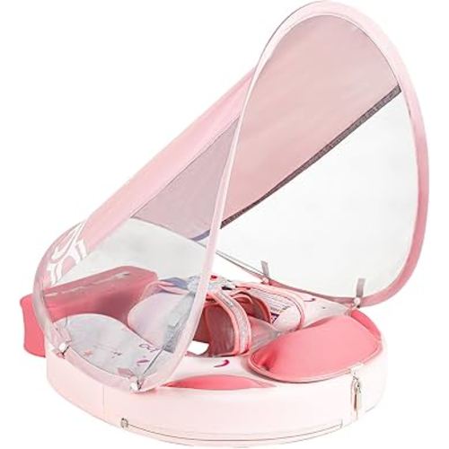 Mambobaby Non-Inflatable Baby Pool Float with Tail and Canopy UPF 50+ Sun Protection No Flip Over Infant Swim Float Skin-Friendly Mambo Float Swim Trainer Solid Baby Swimming Ring Foldable Style