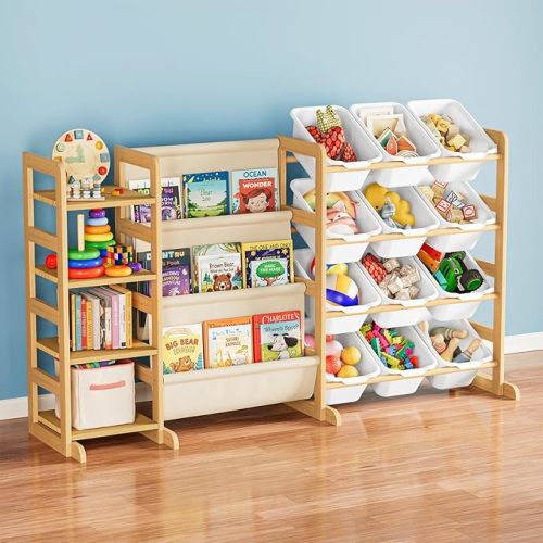 SpaceAid 3-in-1 Toy Storage Organizer with 4 Shelves and 12 Bins, Toy Organizers Storage 3-Tier Bookshelf, Kids Bin Shelf Box Bookcase for Bedroom Playroom Organization Room Decor, White