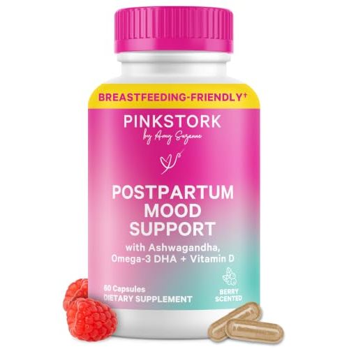 Pink Stork Postpartum Mood Support, Berry, 30-Day Supply | Postnatal Mood, Cognition + Stress Support | Ashwagandha, Saffron, Omega-3 DHA, B12 | Breastfeeding-Friendly | Non-Drowsy