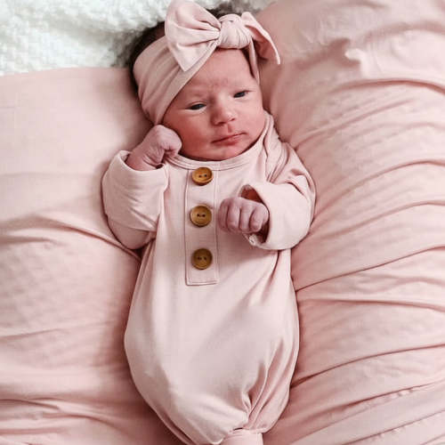 Solid Petal Pink Bamboo Baby Knot Gown & Hat