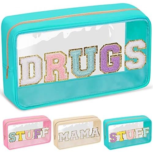 Chenille Letter Clear Makeup Bags Drugs Pouch, Preppy Patch Makeup Bag with Zipper, Transparent PVC & Nylon Waterproof Portable Glitter Cosmetic Bag Travel Toiletry Storage for Women Girl(DRUGS-Green)