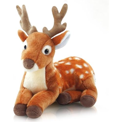 Realistic Deer Stuffed Animals 10 Inch Male Stuffed Deer Plush Toy,Lying Position Brown Deer Wild Animals,Soft Cuddly Toys Decoration for Christmas Birthday