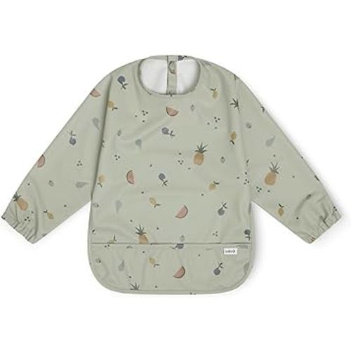 Lalo Smock Bib - Long Sleeve Bib for Infants and Toddlers - Elastic Cuffs, Large Catch-All Pocket, Waterproof Recycled Polyester - Easy to Clean for Mealtime and Art Time - Fruit Print Sage Infant