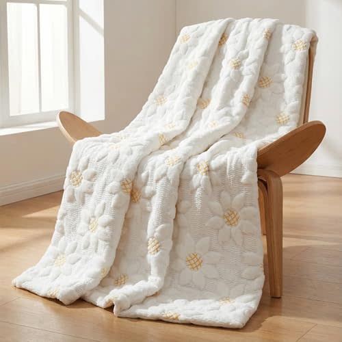 Horaldaily Spring Summer Blanket Throw, White Sunflower Soft Fuzzy Plush Faux Fur Cozy Blankets for Couch Sofa Bed Lounging, Ideal Gifts for Kids Adults Wife Self, 60x80