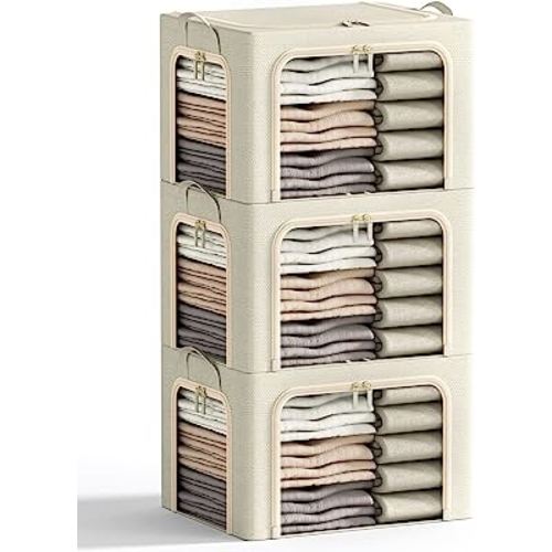 3 Openings Clothes Storage Bins with Metal Frame, Foldable Storage Bin for Clothes, Clothing Storage Bins with Lid, Linen Storage Box With Clear Window＆ Zippers＆ Durable Handles.(3 Pcs,Beige,40L)