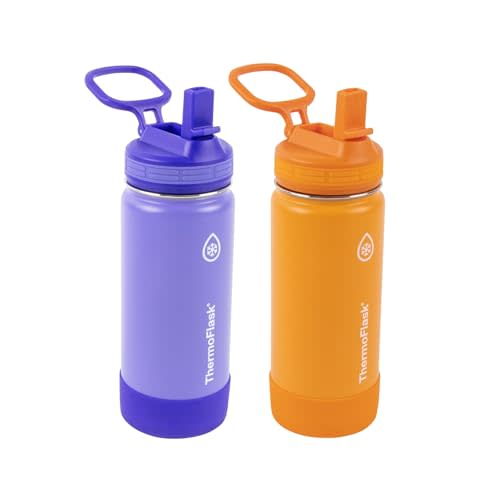 ThermoFlask Kids 16 oz Insulated Water Bottles with Straw Lid BPA-Free Stainless Steel Leakproof & Spill-Proof Design Easy Clean Wide Mouth 2-Pack for School, Sports, Playdates, Purple/Orange