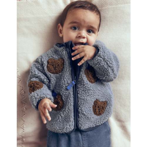 Cosy Borg Jacket-Blue Bear Applique