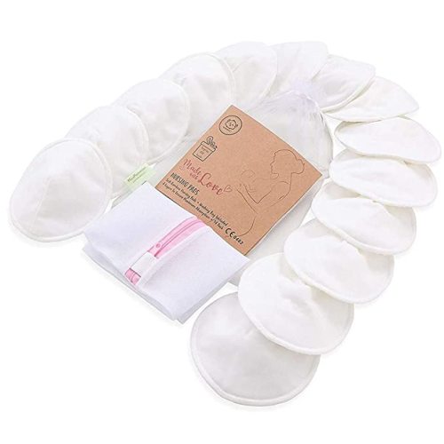 Organic Bamboo Nursing Breast Pads - 14 Washable Pads + Wash Bag - Breastfeeding Nipple Pad for Maternity - Reusable Nipplecovers for Breast Feeding (Soft White, Large 4.8")