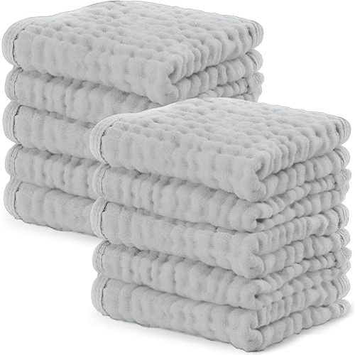 Comfy Cubs Muslin Baby Washcloths 10 Pack - Soft 6-Layer Cotton Wash Cloths for Sensitive Skin - 10"x10" Large, Gentle, Absorbent Infant Essentials for Newborn and Toddlers - Heather Blue