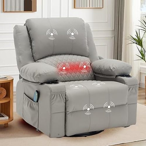 Overstuffed Swivel Rocker Recliner Chairs with Massage Heat Faux Leather Thickly Padded Comfortable Manual Recliners with Cup Holders, Rocking Glider Chairs, Gray