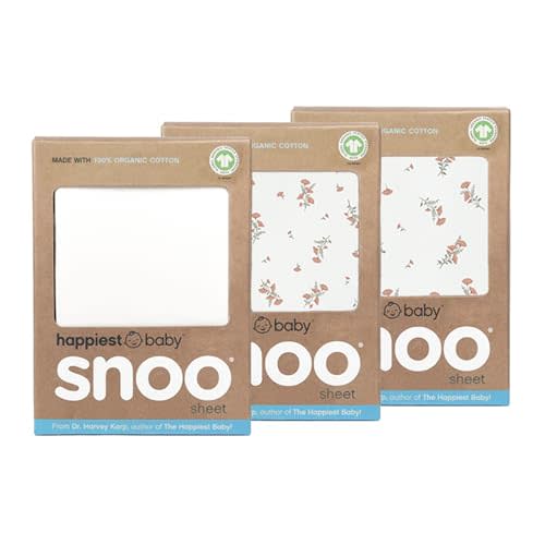 Happiest Baby SNOO Bassinet Fitted Sheet - 100% Organic Cotton Nursery Bedding - Fits SNOO Sleeper Crib Mattress - 3-Pack Bundle (Wildflowers (2), Ivory (1))