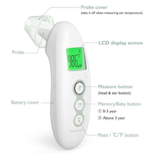 Momcozy Non-Contact Forehead and Ear Thermometer, Digital Infrared Thermometer for Adults and Children, with Child Mode, Fever Alarm Function, Mute and Memory Functions, Fast and Accurate Measurement