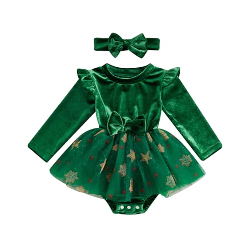 Bonangber Newborn Baby Girl Christmas Outfit Stars/Gingerbread Man Long Sleeve Romper Dress Tulle Onesie Cute Winter Clothes