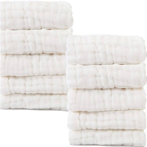 Baby Muslin Washcloths- Natural Organic Cotton Baby Wipes - Soft Newborn Baby Face Towel for Sensitive Skin- Baby Registry as Shower Gift, 10 Pack 10x10 inches By MUKIN (White)