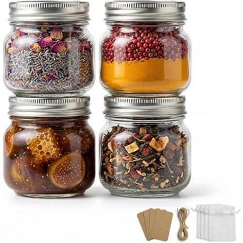 8 oz Mason Jars with Airtight Silver Lids - 4 Pack Small Glass Jars - Thickened Wide Mouth Canning Jars for Spell Jars, Candle Making, Premium Spices & Bathroom Vanity Decor