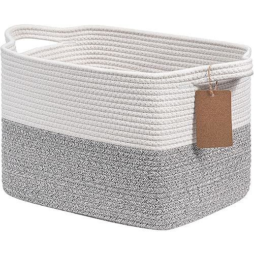 Goodpick Woven Storage Basket, Small Laundry Basket for Clothes, Towels and Shoes, Rope Square Gift Organizer with Handles, Gray and White, 13 x 10 x 9 Inches