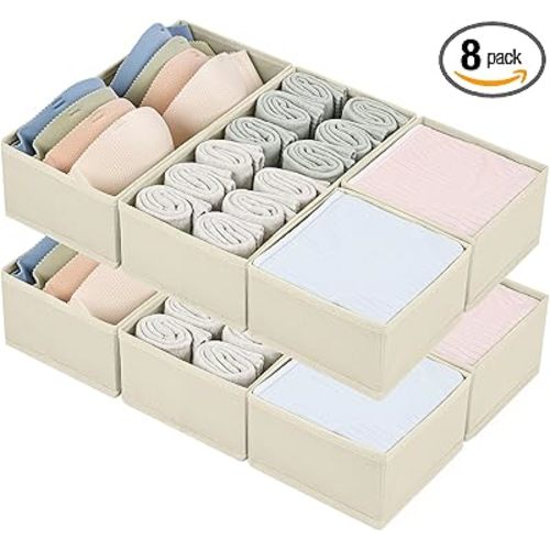 DIMJ Drawer Organizers for Clothing, Set of 8 Fabric Closet Organizers and Storage, Dresser Organizers, Drawer Dividers for Baby Clothes, Socks, Belt, Tie (Beige)