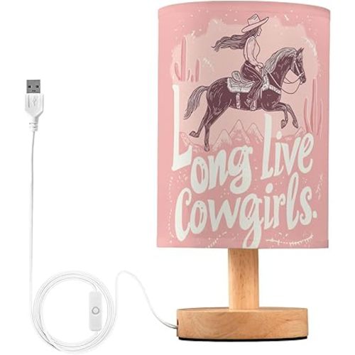 Modern Western Style Cow Girl Horse Pink Bedside Table Lamps with USB Port for Bedroom LampSmall Nightstand Lamp Sturdy Linen Shade Wooden Base Decorative Lamps for Nursery Kids Reading Dorm Home