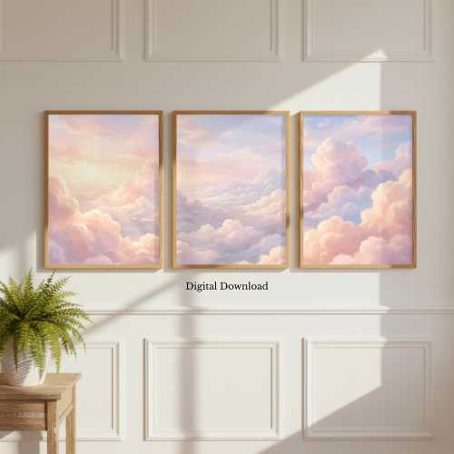 Pastel Clouds Wall Art Set of 3 Soft Pink Blue Sky Print Dreamy Abstract Cloudscape Girly Decor Printable Digital Download For Living Room