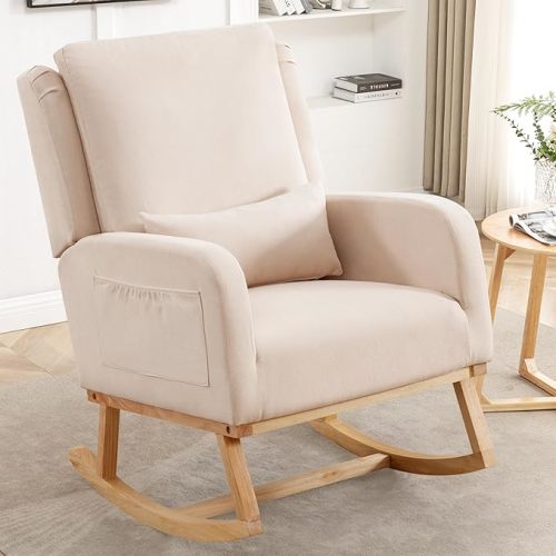 HCHAIRH Rocking Chair Nursery, Nursing Rocking Chairs with Lumbar Pillow, Comfy Modern Nursery Glider Rocker Morden Accent Rocking Chair for Mom Nursery, Living Room, Bedroom, Beige