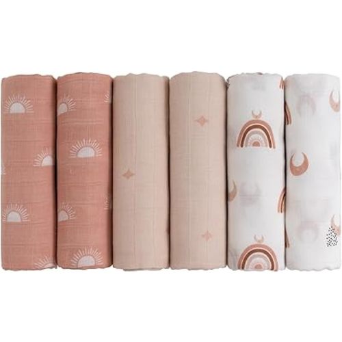GLLQUEN BABY Receiving Blanket Boy Cotton Muslin Swaddle Blankets Girl Newborn Squares Breathable & Soft Thin Baby Blankets Cloths Double Absorbent Infant Swaddling Wrap - 6 Pack (Sun)