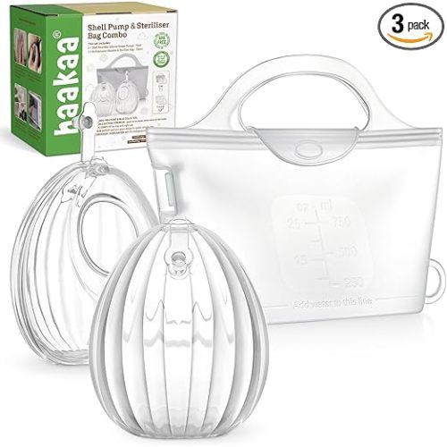haakaa Wearable Silicone Breast Pump with Steriliser Bag, 2-in-1 Hands-Free Passive Breast Milk Catcher for Nursing Mom, Breastfeeding Essentials, 2-Pack 75ml Pumps & 1 Steriliser Bag, Frosted