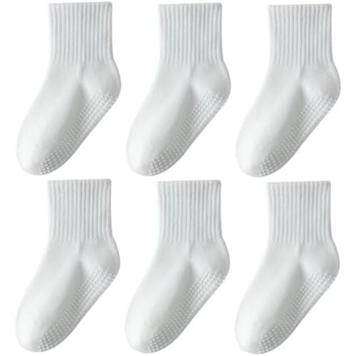 Toddler Grip Socks with Non-Slip, Unisex Baby Retro Stripe Seamless Crew Ankle Cotton Socks for Girls Boys 6 Pairs